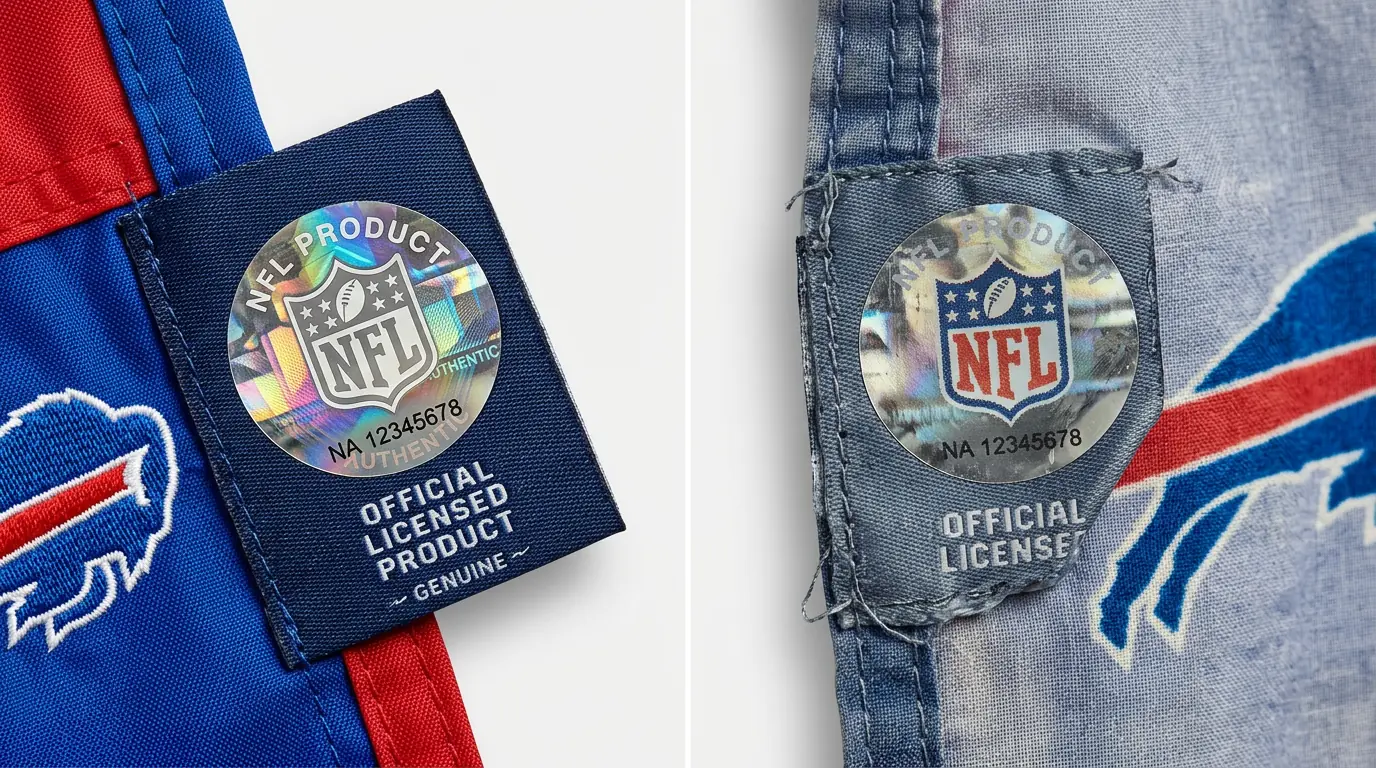 Side-by-side comparison of an officially licensed NFL flag with crisp colors versus a faded counterfeit flag with blurry logo edges