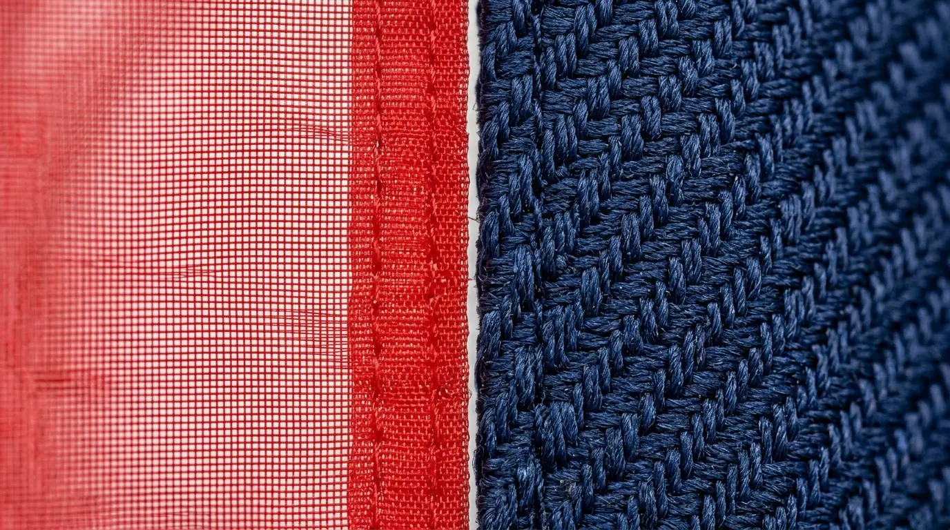 Close-up texture comparison of lightweight nylon flag fabric versus heavy-duty 2-ply polyester flag material in vibrant team colors