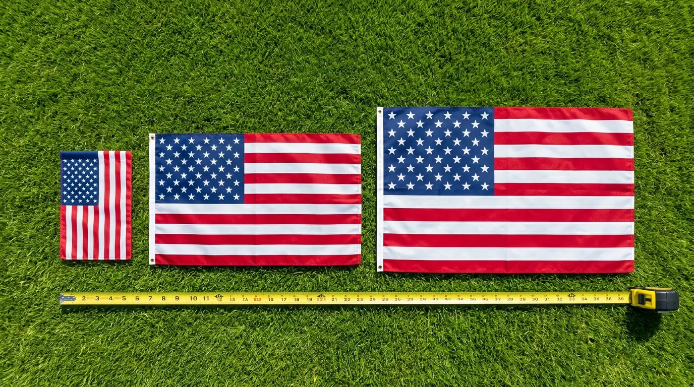 NFL flag size comparison showing garden flag, standard 3x5 house flag, and large 4x6 flag arranged by scale on a green lawn
