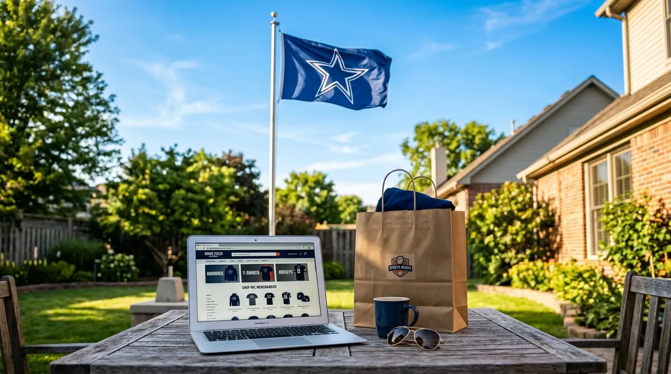 NFL team flag flying on a residential flagpole with a laptop and shopping bag on a patio table suggesting online comparison shopping