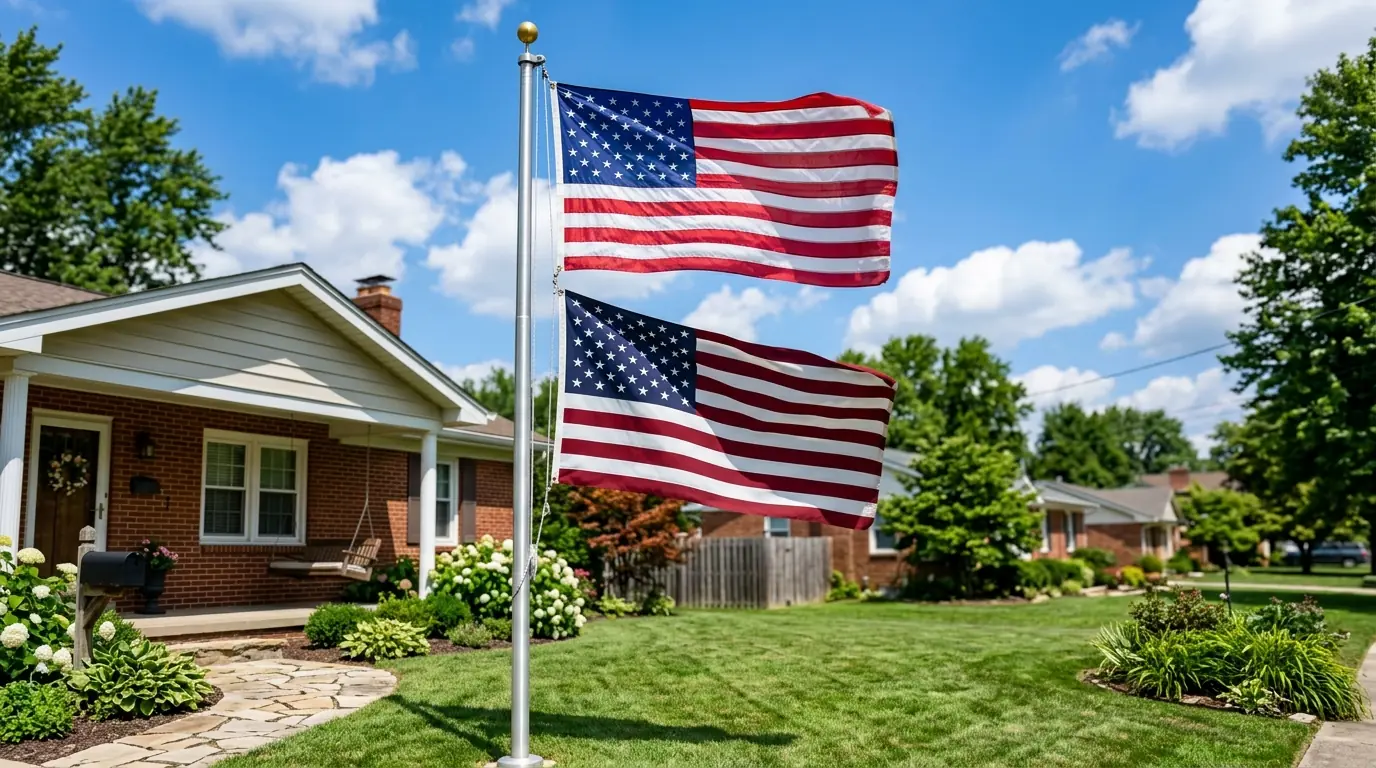 Two brand new American flags mounted side by side on a dual-clip halyard flagpole