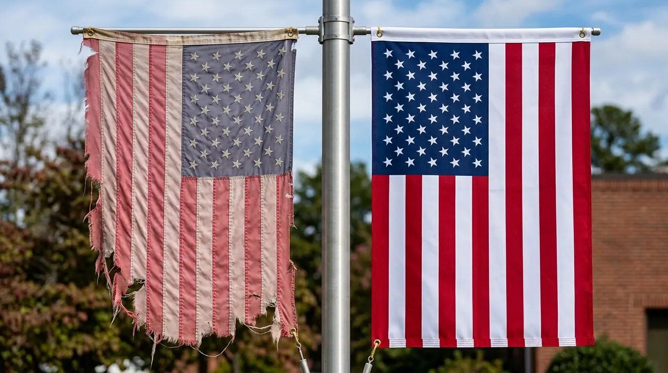 Comparison of worn nylon flag with frayed edges next to still-vibrant polyester flag