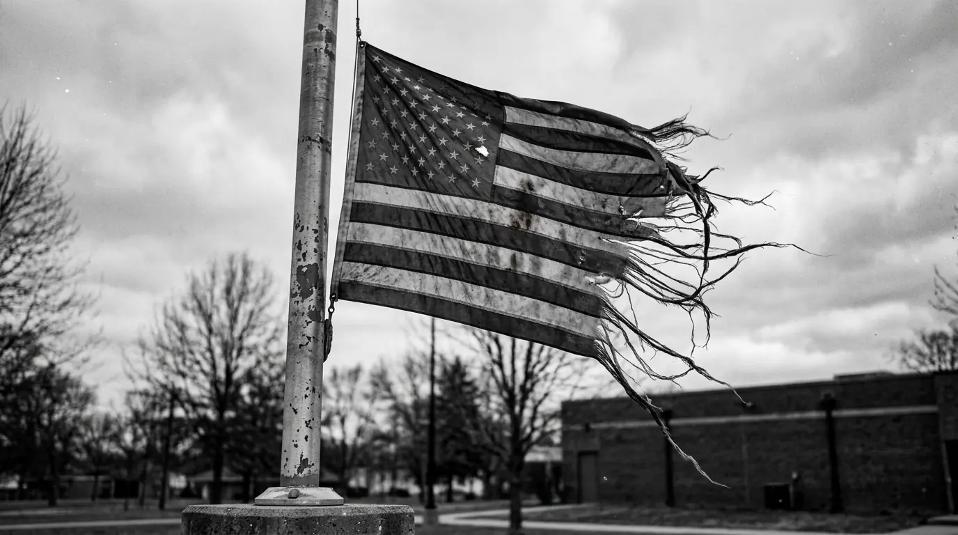 Worn American flag showing significant fraying along the fly end with faded colors