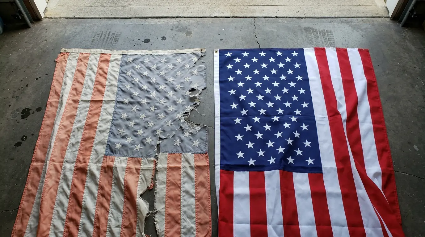 Two American flags laid flat for comparison after 12 months - nylon severely faded versus polyester still vibrant