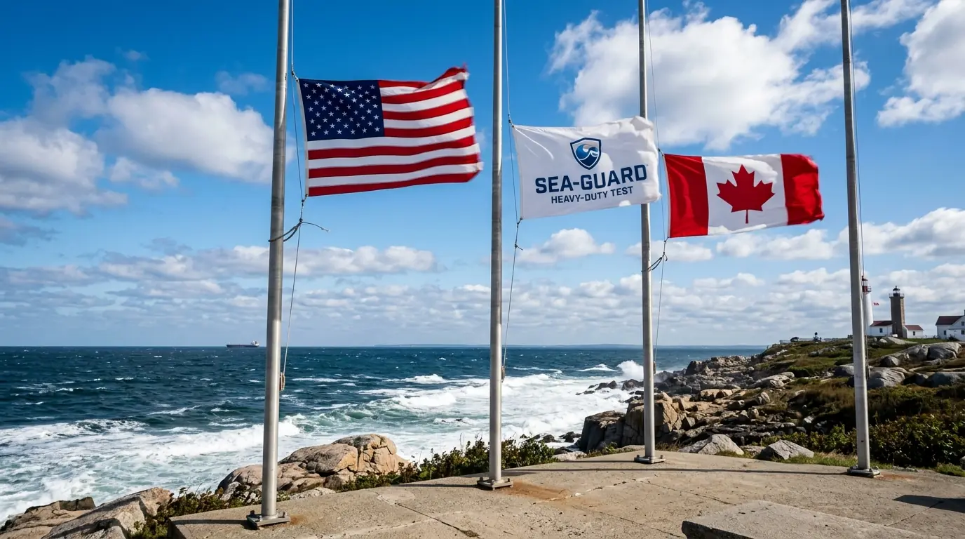 Outdoor nylon national flags flying on commercial flagpoles in coastal wind