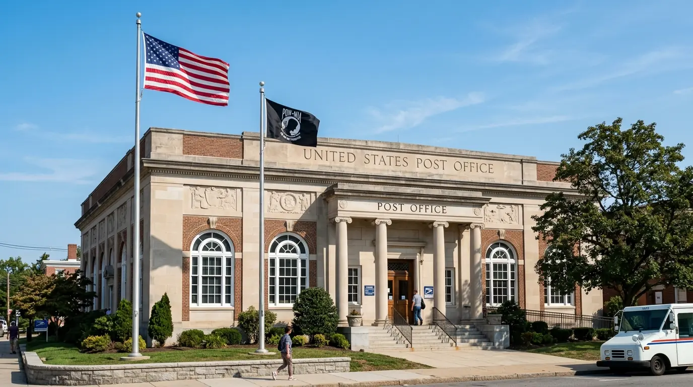 US Post Office with American and POW-MIA flags