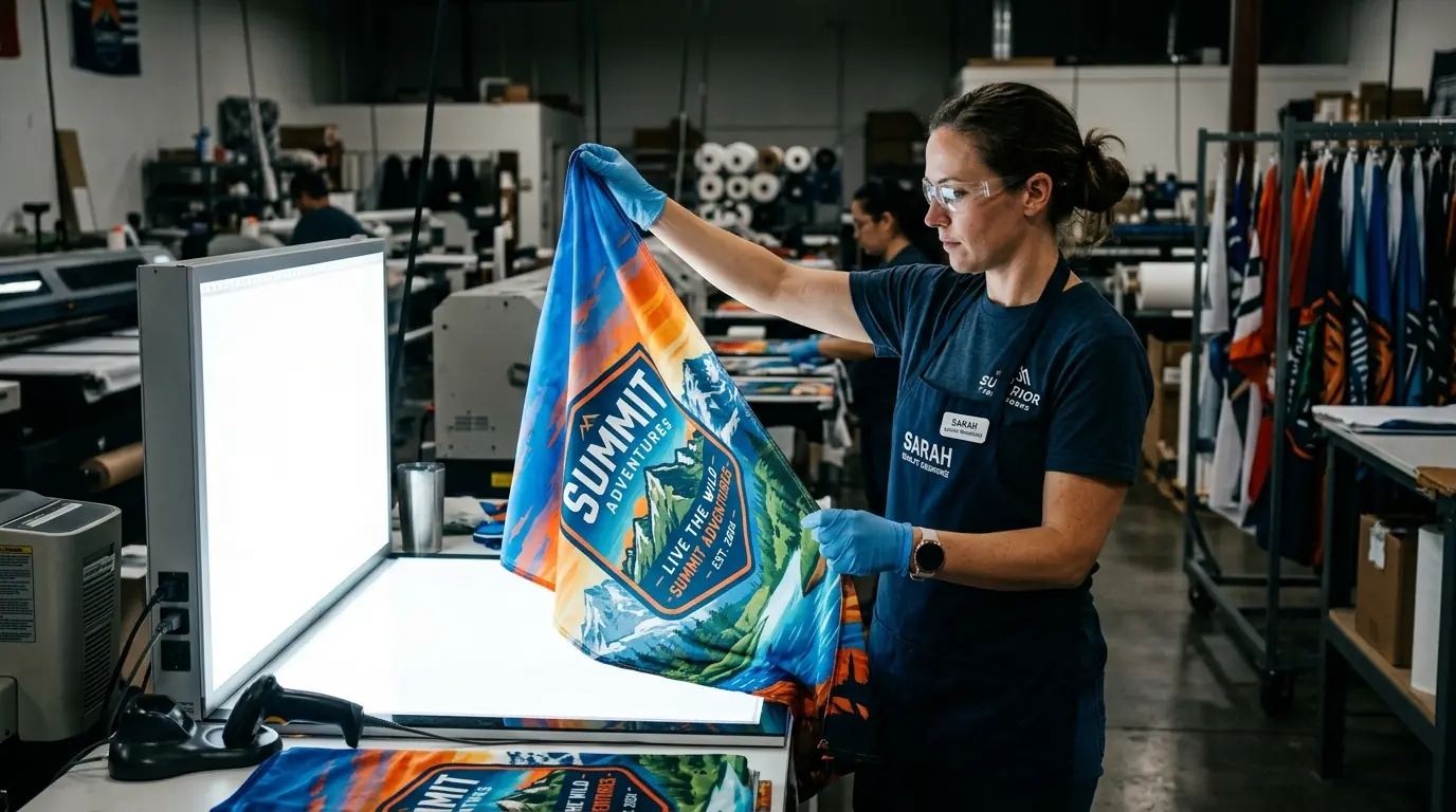 Quality control inspector holding sublimated polyester custom flag up to light checking for even dye saturation and color consistency
