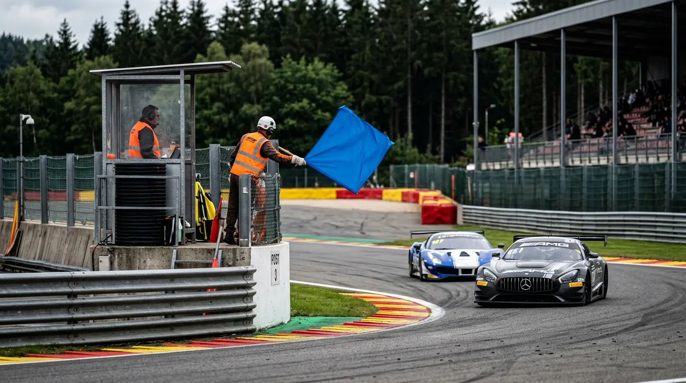 Blue flag being waved at a race circuit marshal post as faster car approaches