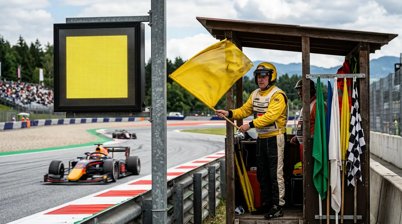 LED flag panel and traditional marshal post at a modern racing circuit