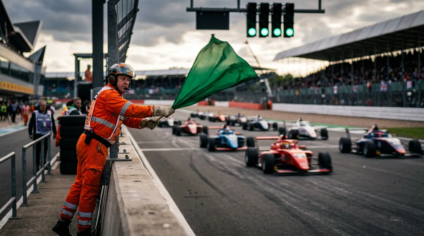 Race marshal waving green flag at the start of a Formula racing event