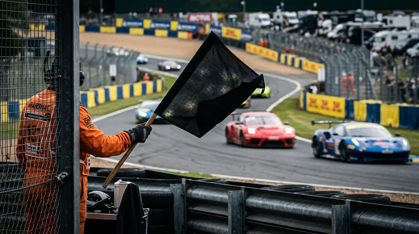 Black penalty flag displayed at a motorsport marshal post during a race