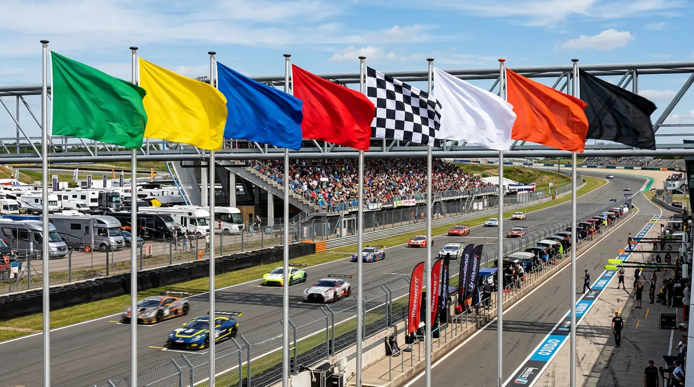 Multiple colored racing flags displayed at an international motorsport event