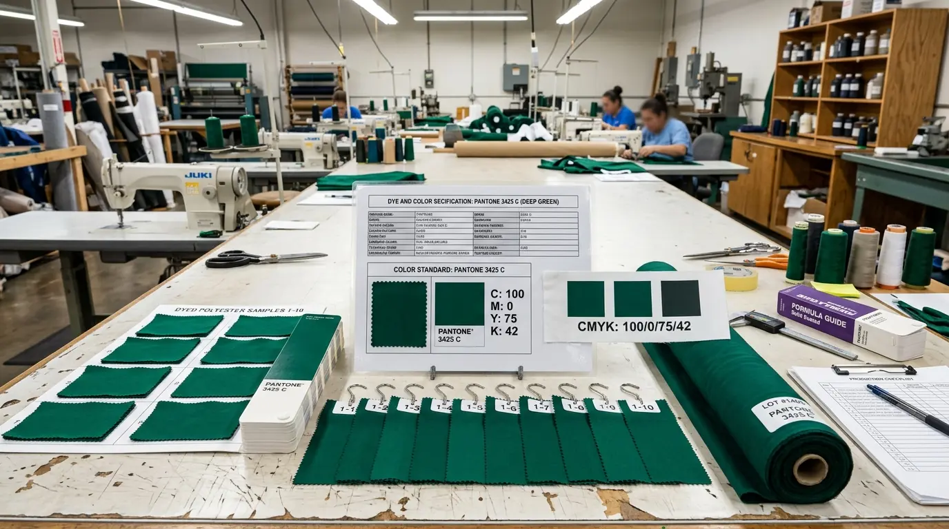 Pantone 3425 C color specification chart with green fabric swatches for Saudi flag manufacturing