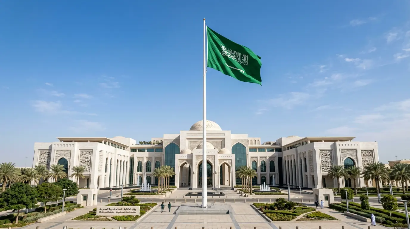 Saudi Arabia flag flying at full mast on a flagpole against blue sky near a government building
