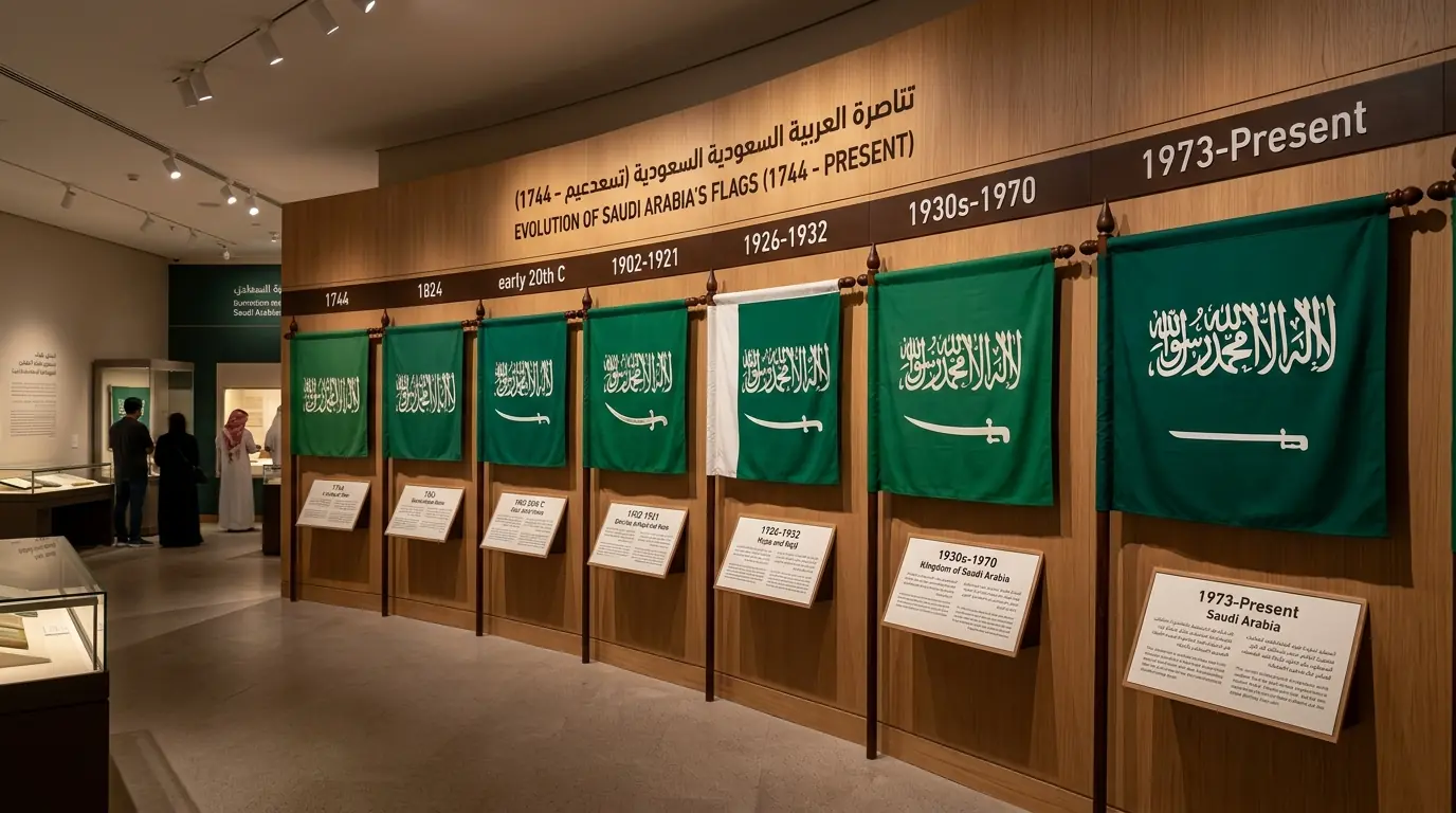 Historical evolution timeline of Saudi Arabian flags from 1744 to modern standardized design