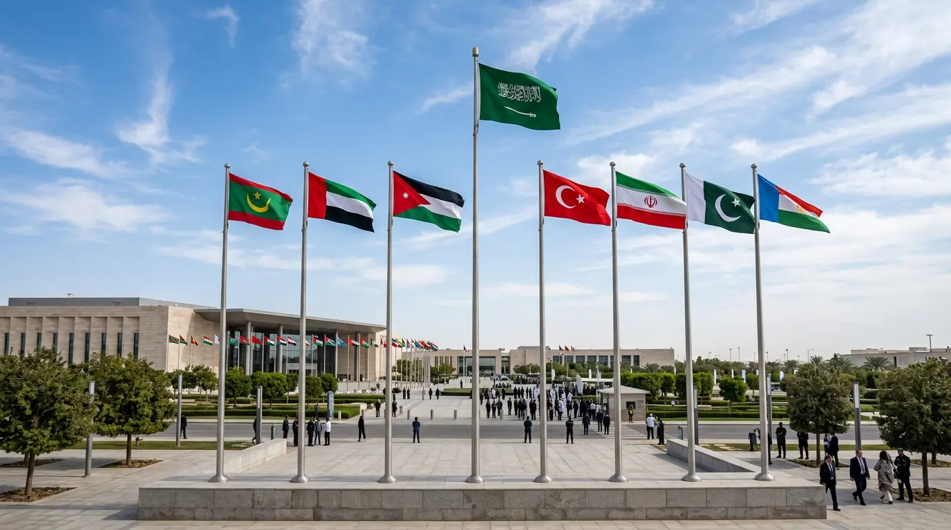Multiple Islamic and Arab nation flags displayed side by side at an international diplomatic venue