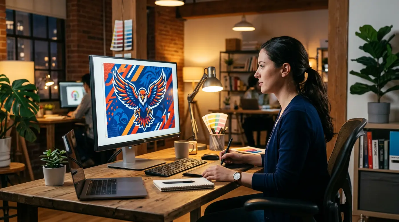 Designer reviewing custom sports flag artwork on screen in a modern studio