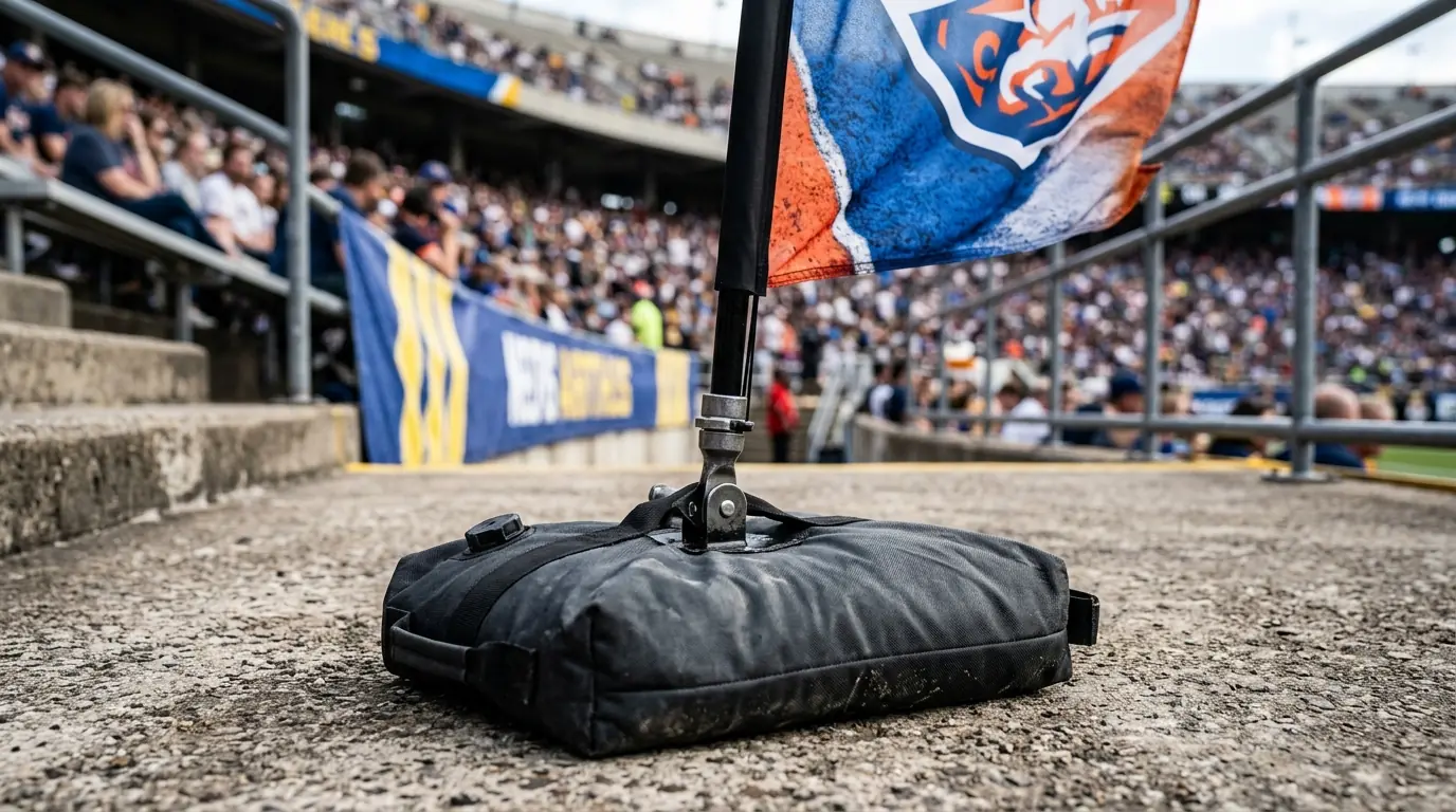 Heavy-duty flag base hardware holding a feather flag stable at a sports venue