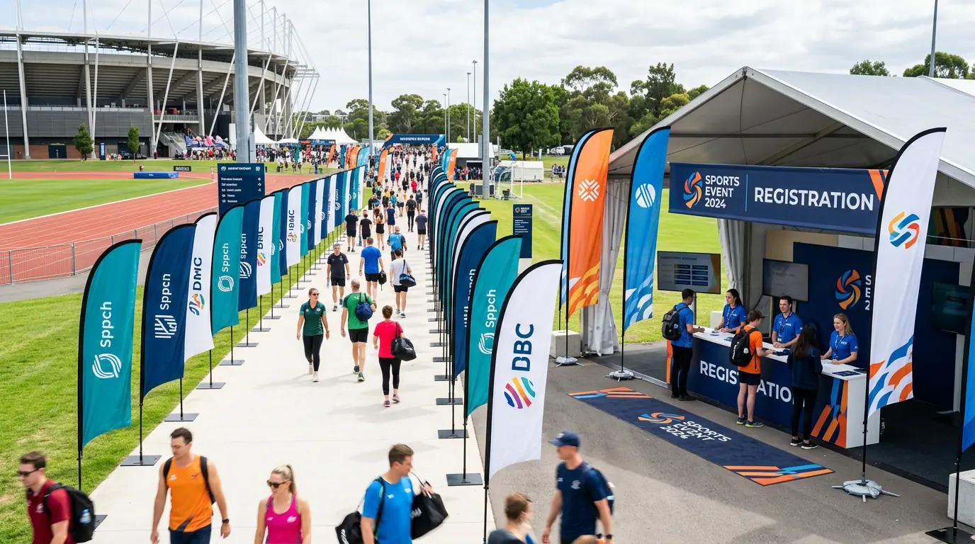 Branded sponsor feather flags at a sports event registration area