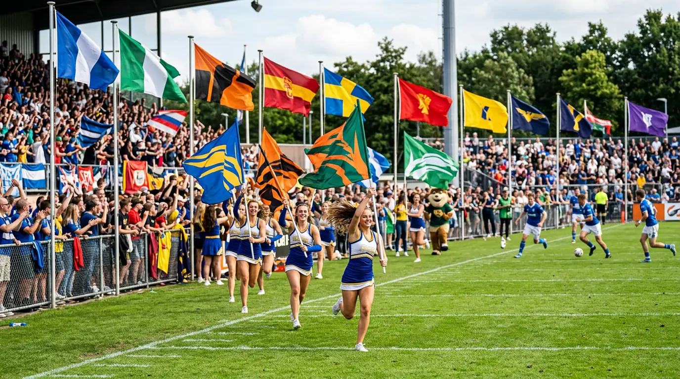 Outdoor sports tournament with team flags displayed along the field perimeter