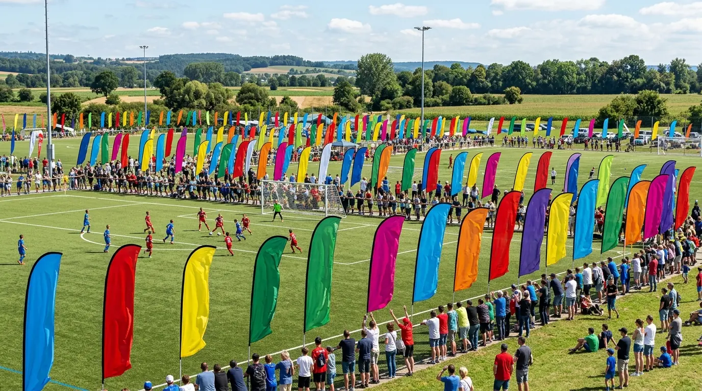 Colorful feather flags and team banners lining a soccer field at an outdoor sporting event