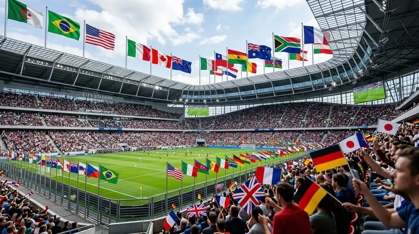 Stadium displaying sports flags of various sizes from handheld to large pole-mounted