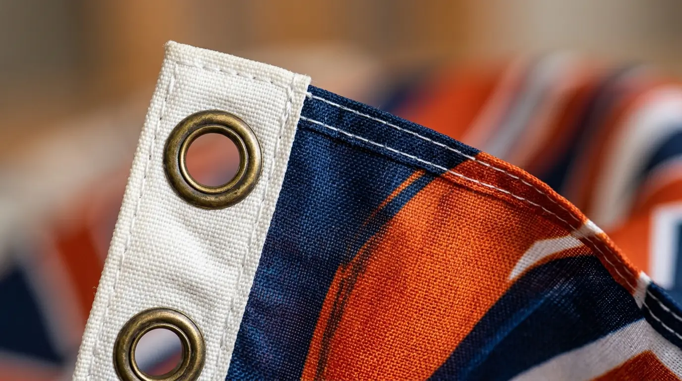 Close-up of dye-sublimation printed polyester flag fabric showing vibrant colors and reinforced stitching