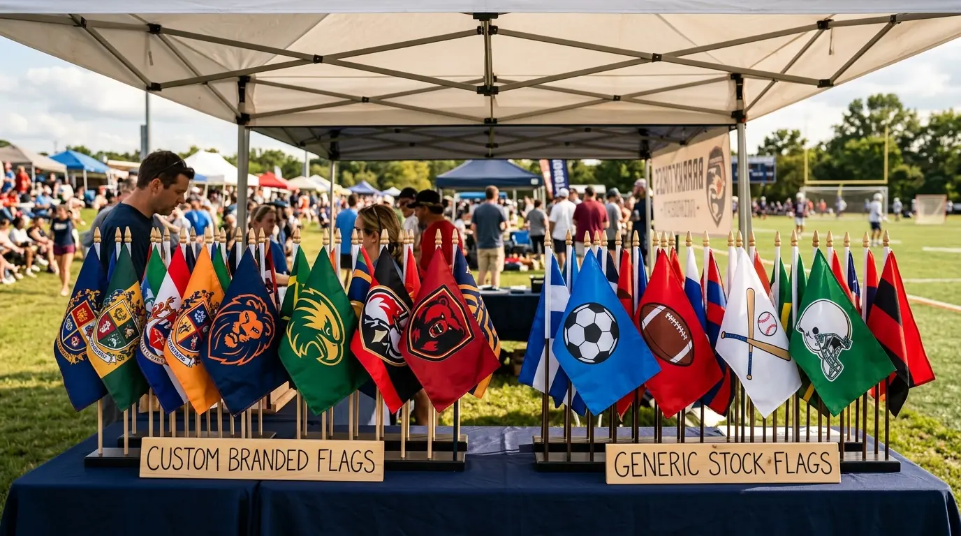 Custom branded team flags alongside generic stock flags at a sports tournament vendor table