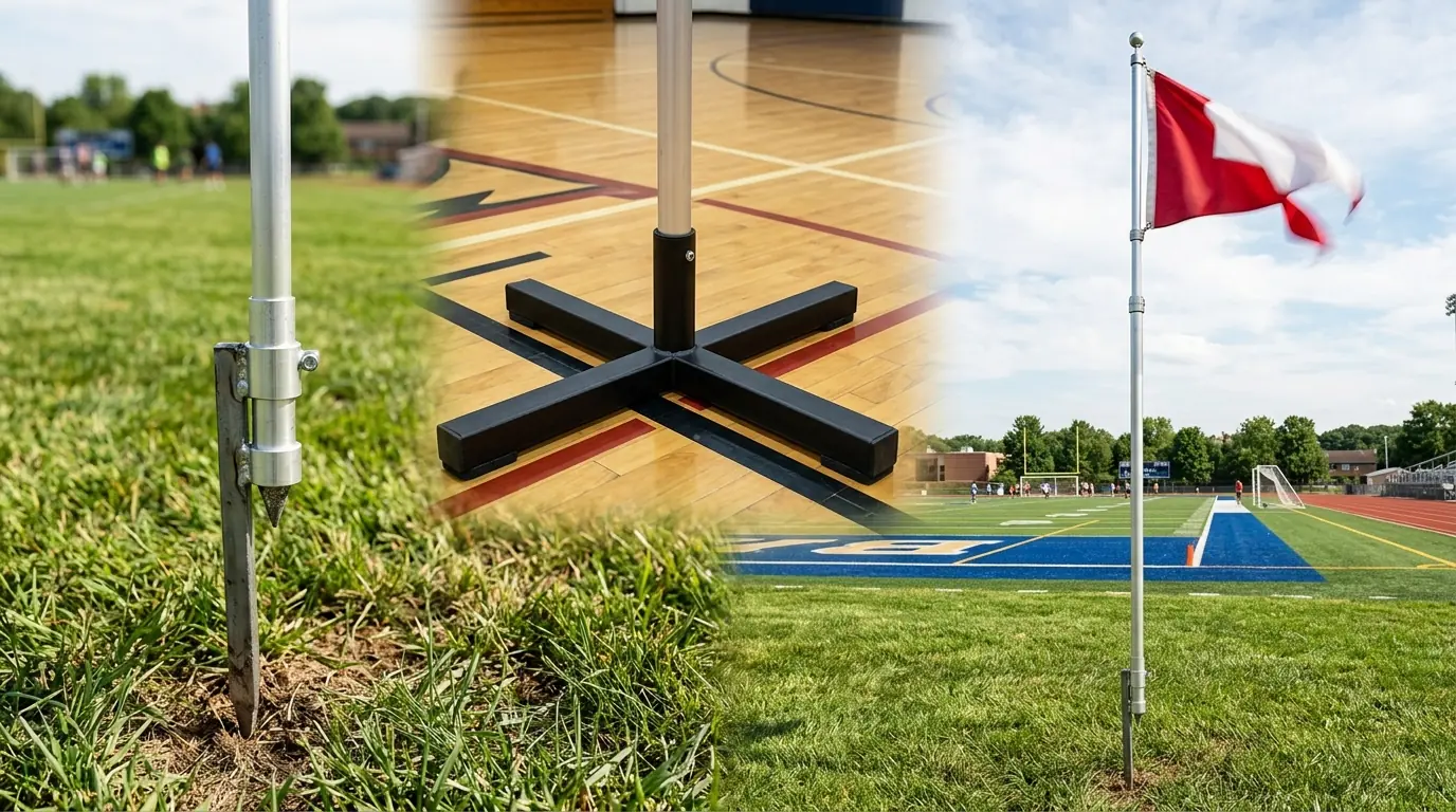Flag mounting hardware including ground stakes in grass and aluminum telescoping poles at a sports field