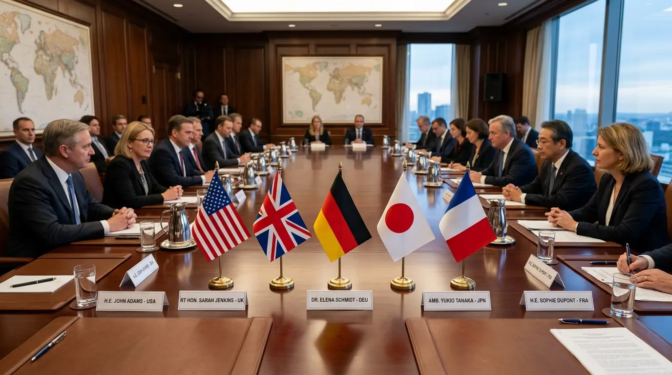 Diplomatic conference table with small desk flags of multiple nations arranged in a professional setting