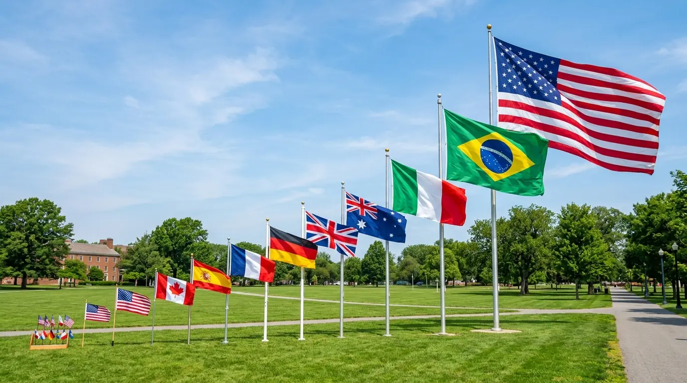 Multiple flag sizes displayed side by side showing size progression from desk flags to large commercial flags