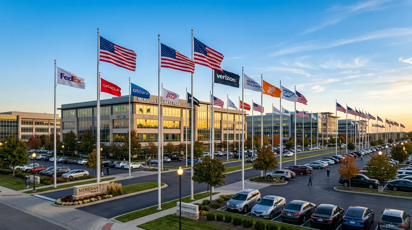 Large flags flying on tall flagpoles in front of a commercial office building parking lot showing mid-size commercial flag display