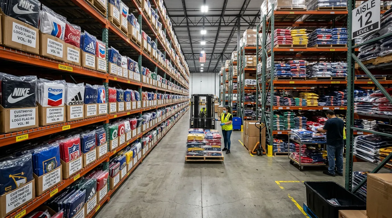 Bulk custom flag orders organized on warehouse shelving, showing volume flag production