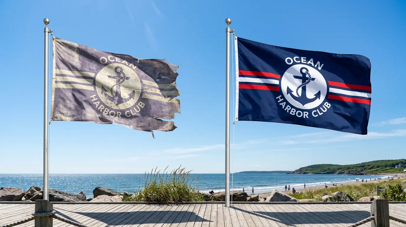 Side-by-side comparison of a faded outdoor flag versus a durable UV-resistant flag in direct sunlight