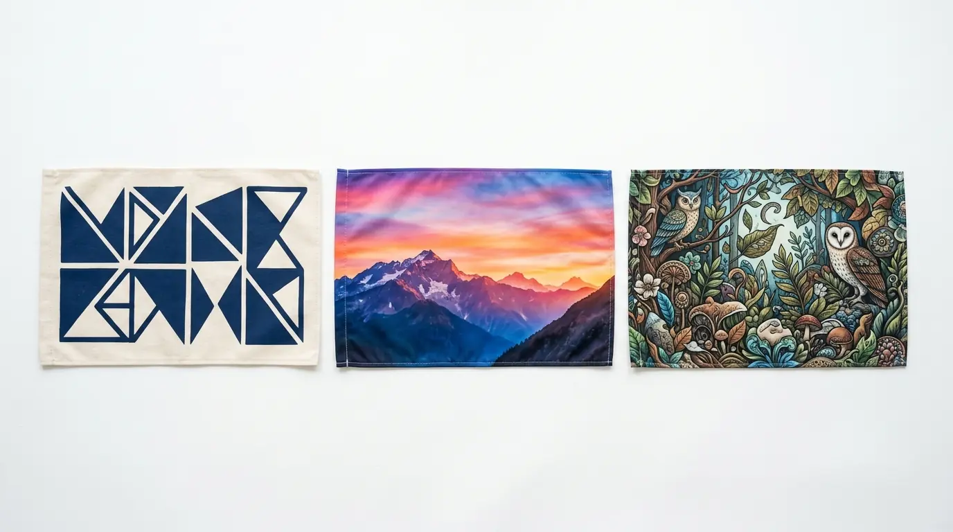 Three custom flag samples comparing screen print, sublimation, and digital printing methods