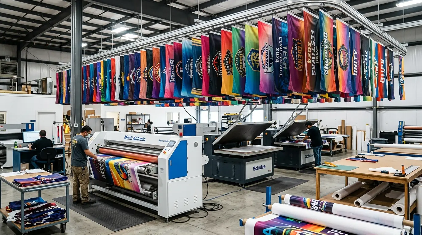 Sublimation printing equipment producing colorful custom flags in a professional print facility