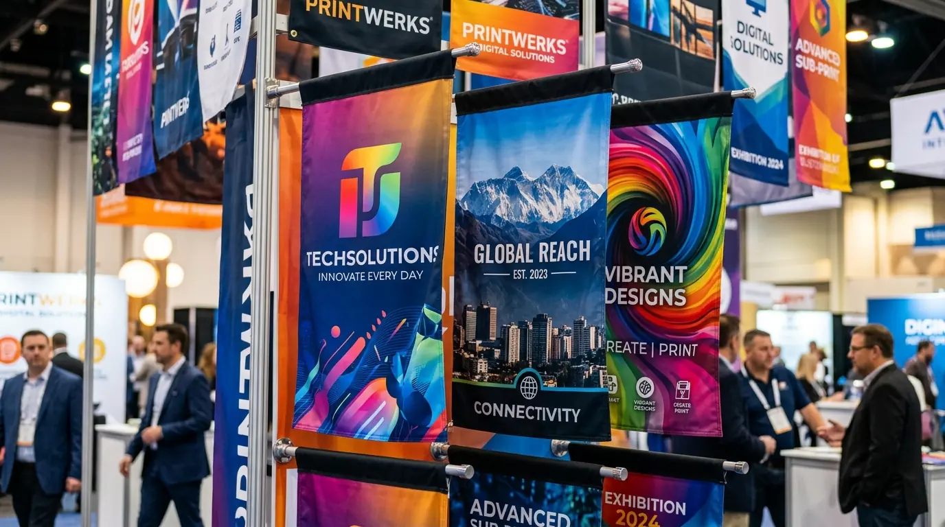 Vibrant full-color custom flags with gradient logos displayed at a trade show booth