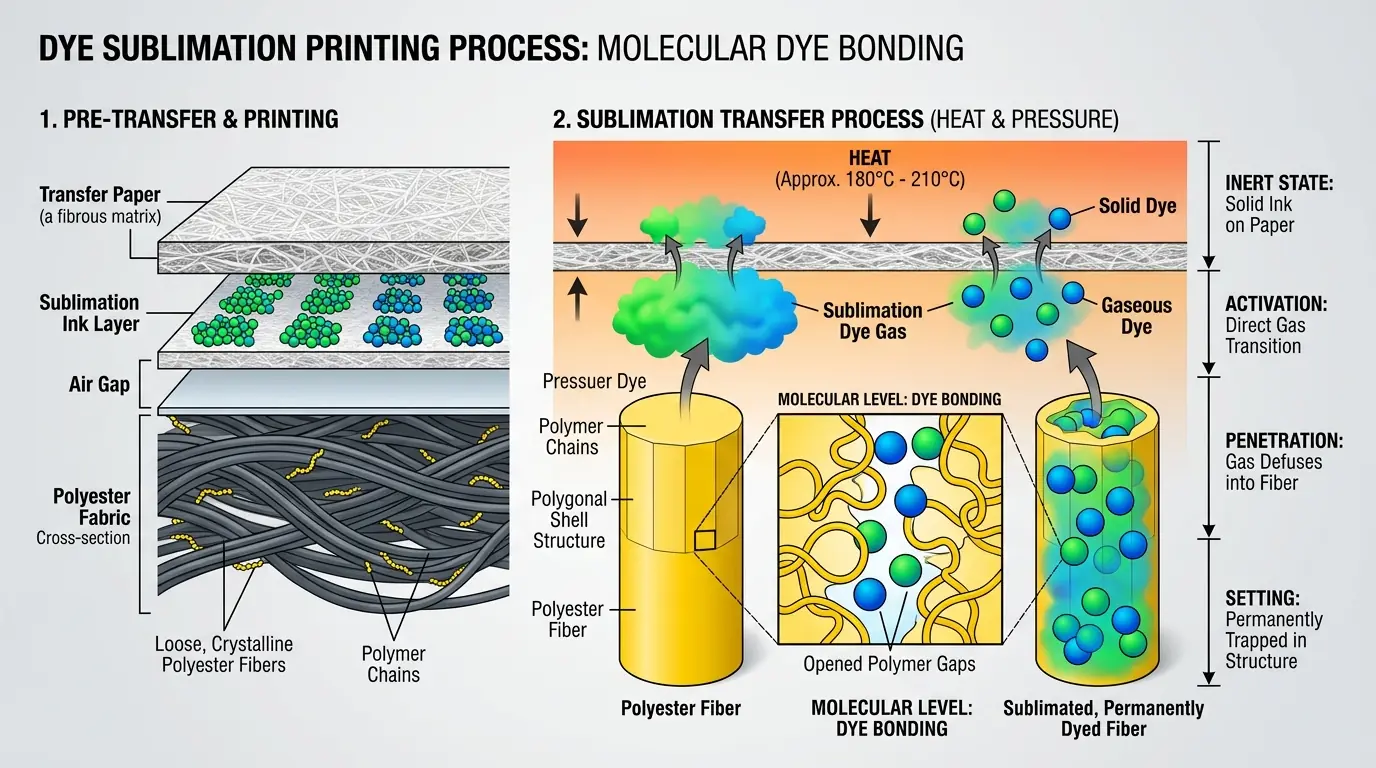 Dye sublimation process diagram showing ink transitioning from solid to gas and bonding permanently inside polyester flag fabric fibers