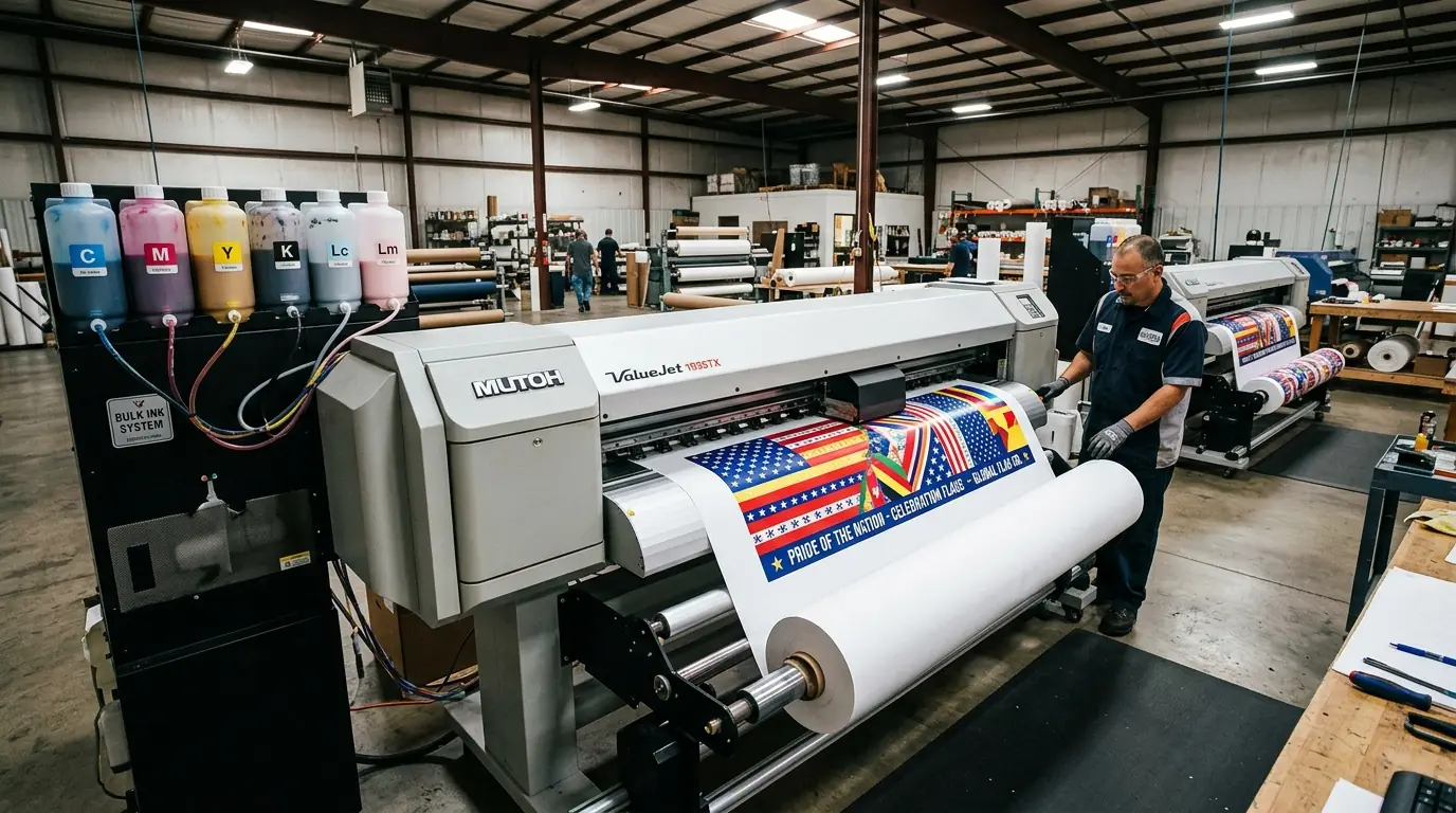 Large format commercial sublimation inkjet printer printing flag design onto transfer paper with CMYO inks