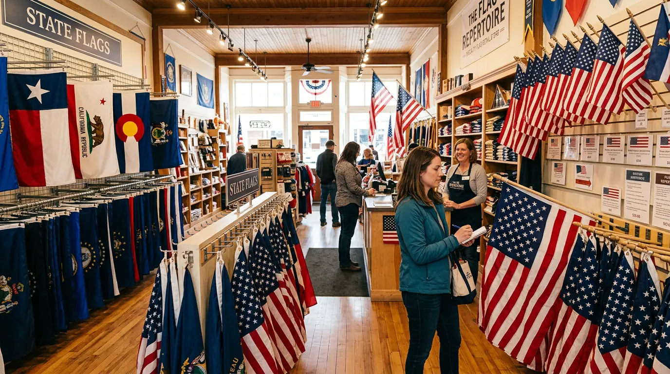Customer browsing flags inside a specialty flag store