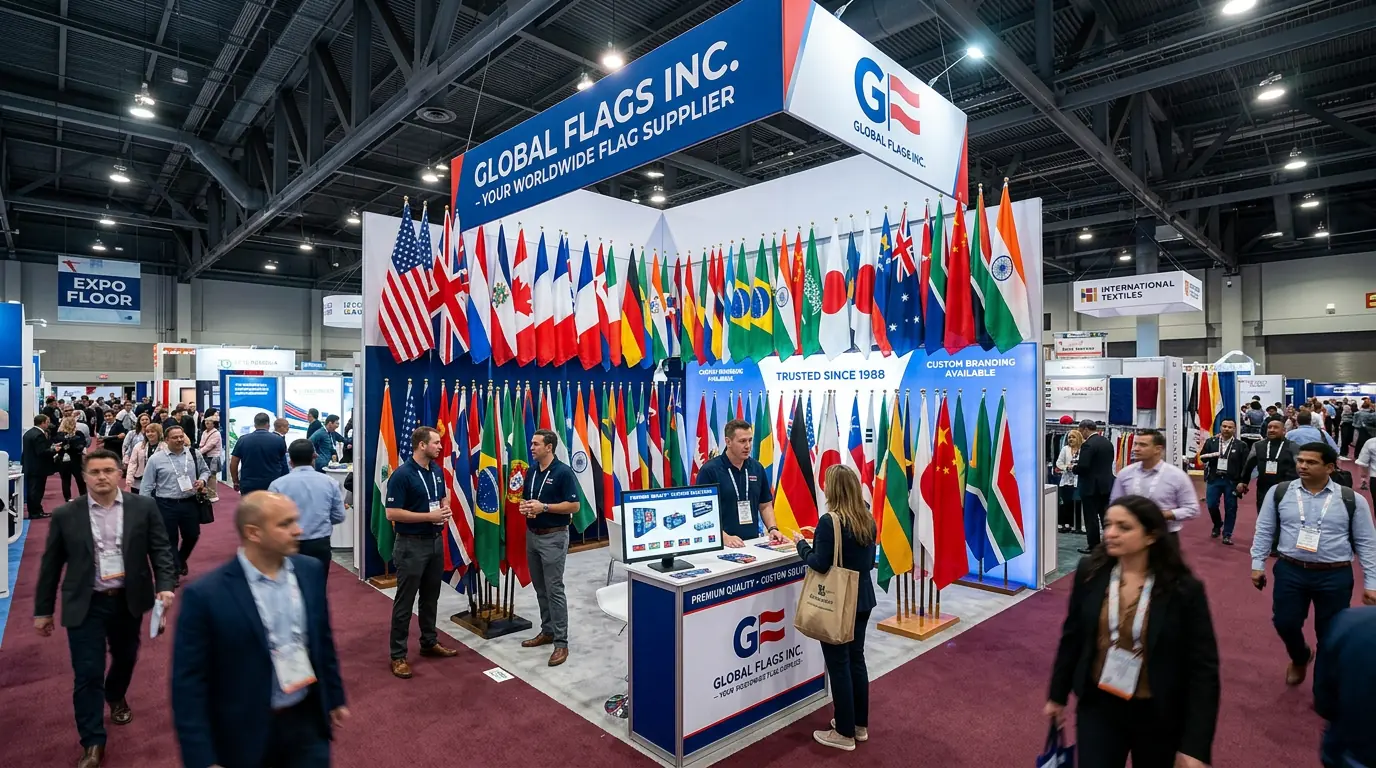B2B trade show with national flag supplier booths and exhibition displays