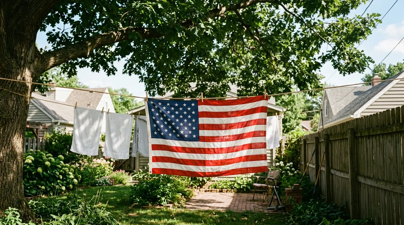 American flag air drying on clothesline in shade