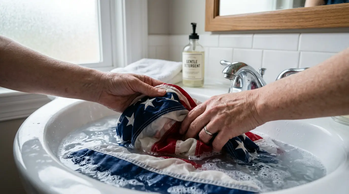 Hands washing American flag in cold soapy water