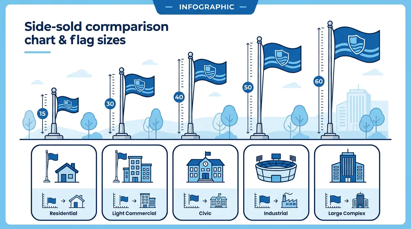 Visual comparison of flag sizes matched to different flagpole heights
