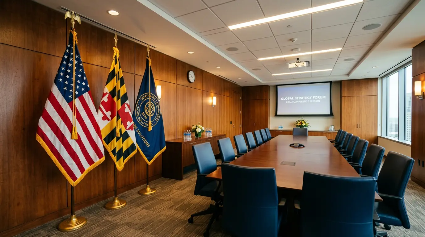 Indoor ceremonial flag on decorative staff in a professional conference room setting