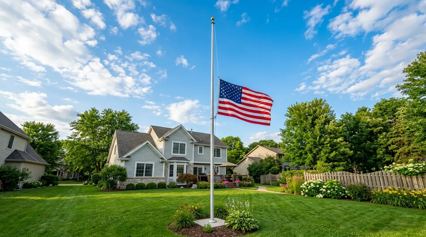 Residential flagpole with properly sized American flag at quarter-length proportion