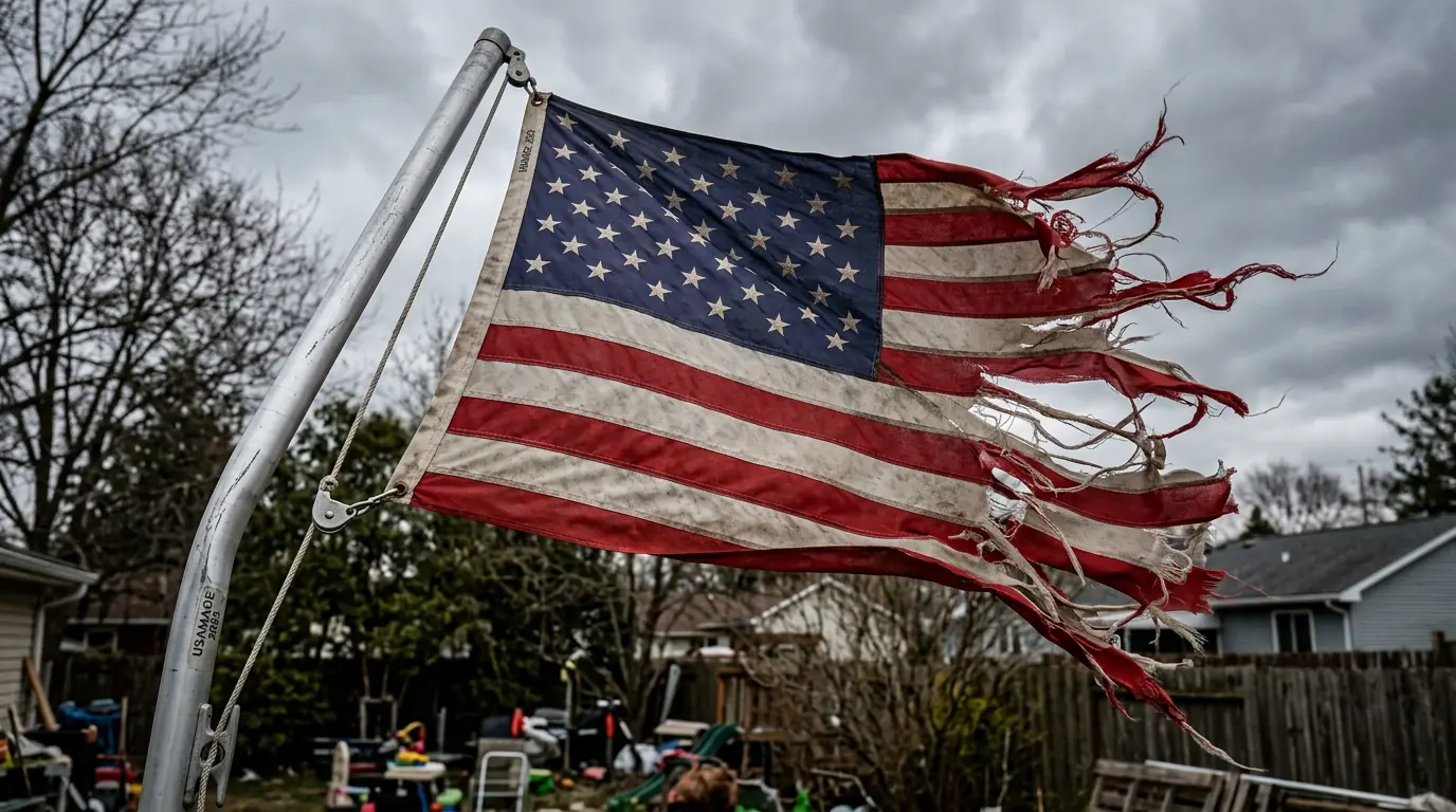 Damaged flag with torn edges from wind stress from an oversized flag installation