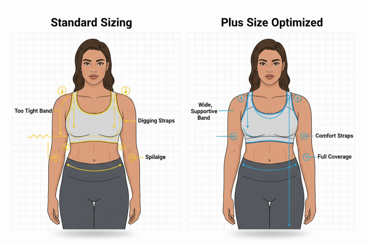 Plus size sports bra fitting comparison illustration