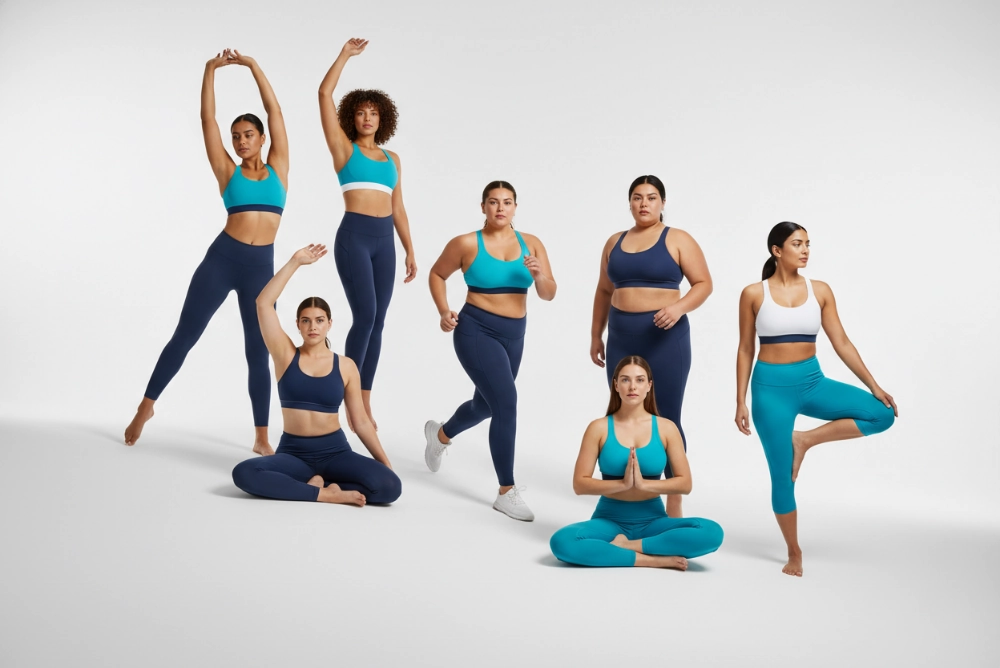 Diverse body types wearing size-inclusive sports bras